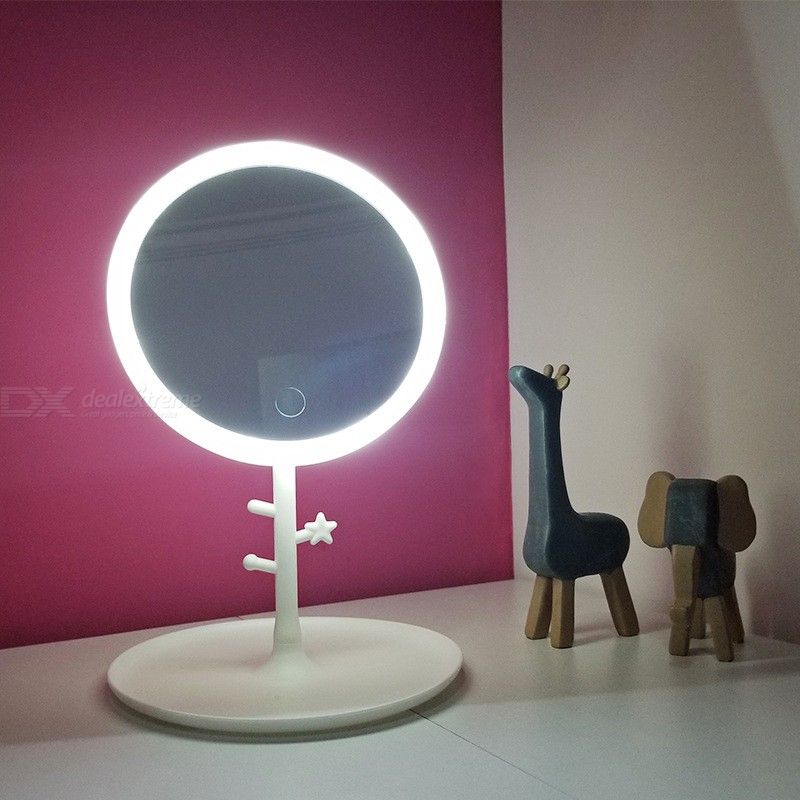LED LIGHTED MAKEUP MIRROR RECHARGEABLE DIMMABLE 120° ROTATABLE VANITY MIRROR WITH JEWELRY STORAGE HANGER TRAY