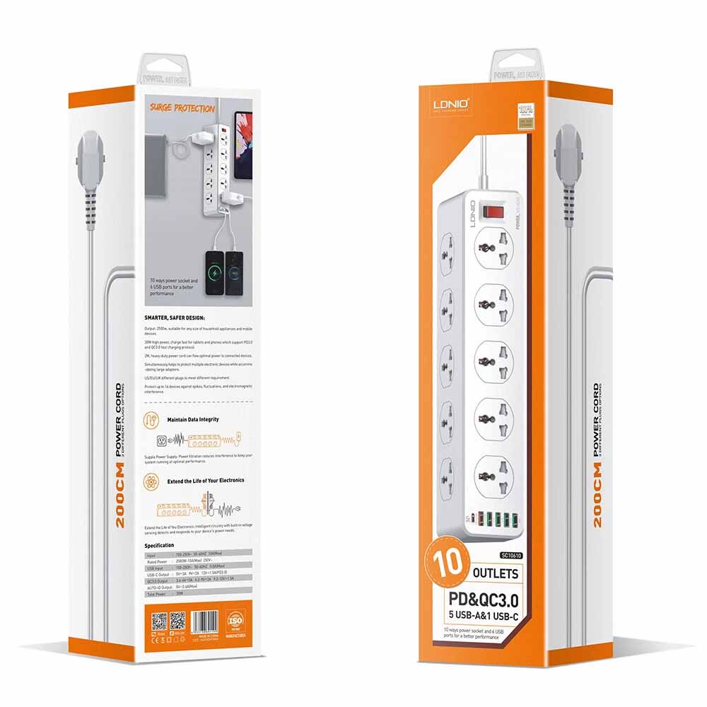 LDNIO SC10610 2500W 10 SOCKETS + TYPE-C PD + QC3.0 6 USB PORTS DESKTOP EXTENSION AND CHARGER WITH 2M PLUG POWER CORD