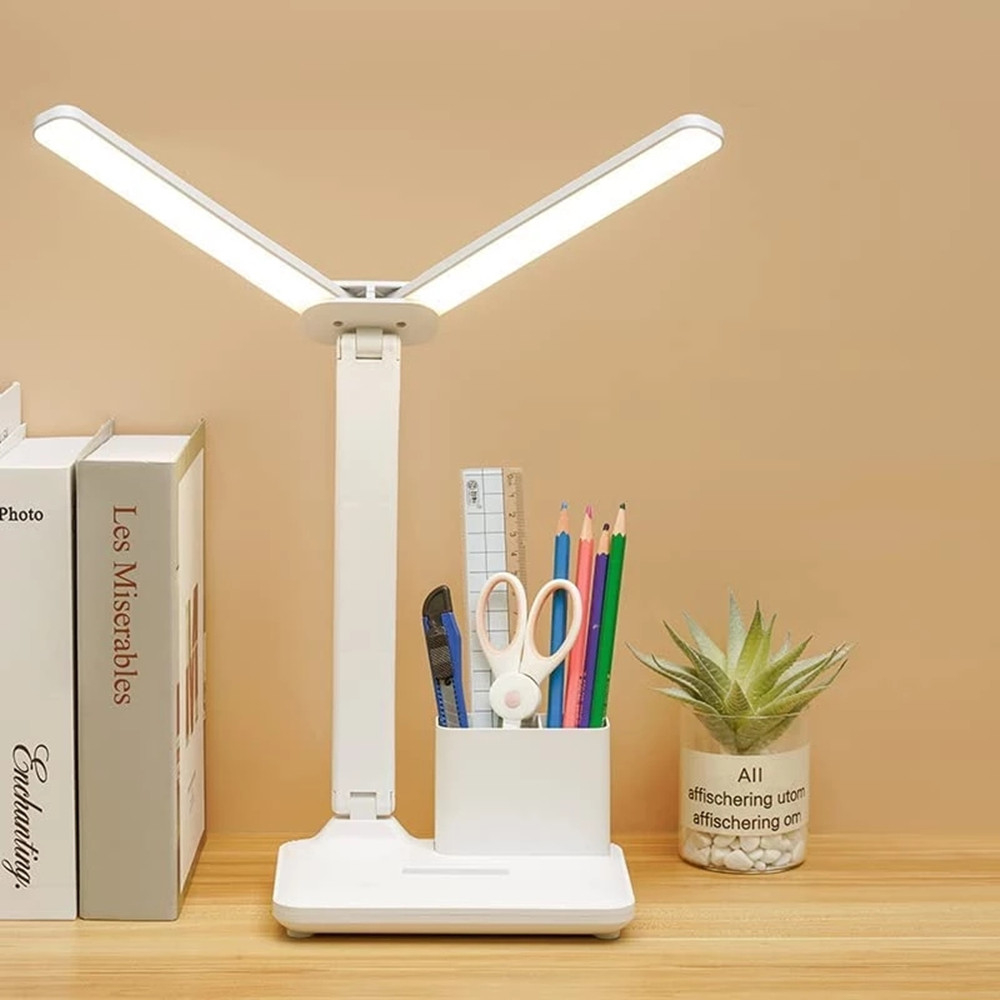 Double Head Desk Lamp With 3 Dimmable LED Lights USB Rechargeable