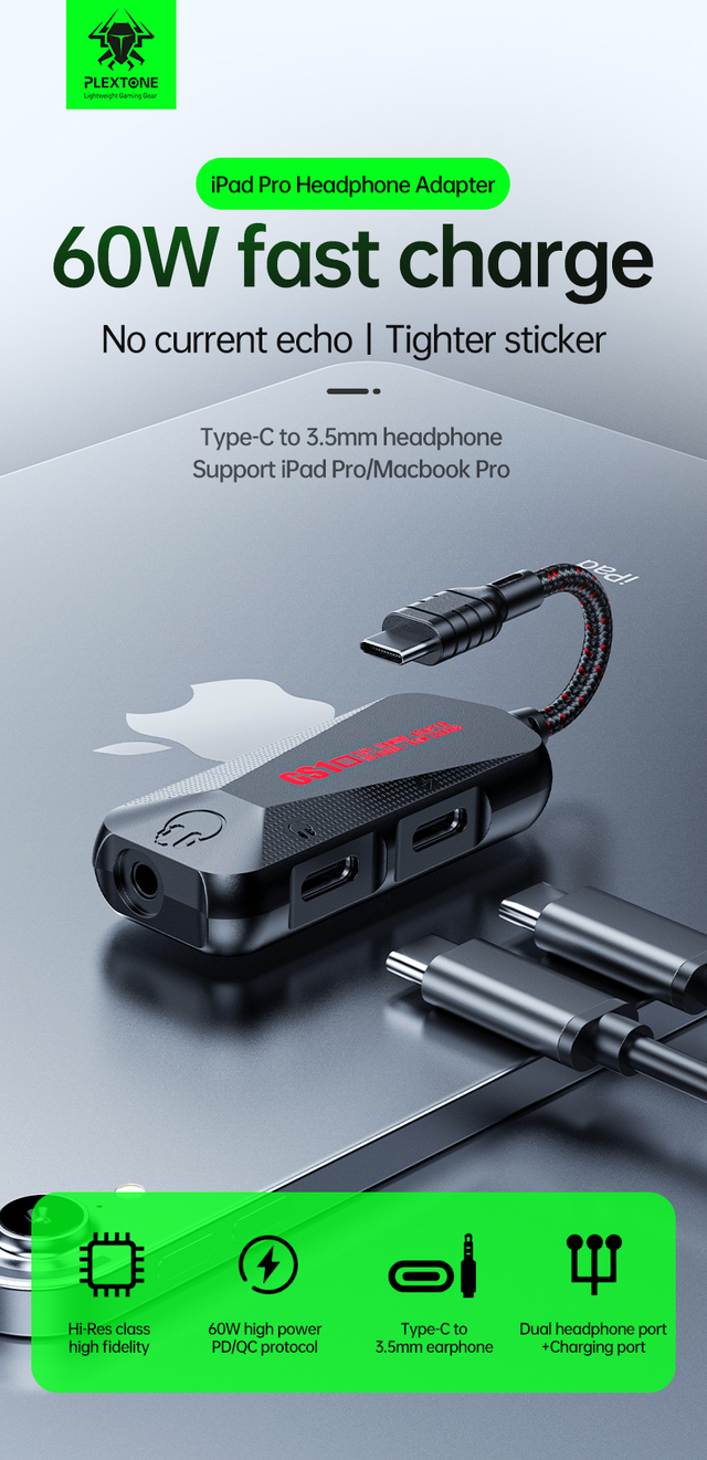 PLEXTONE GS1 Mark III Type C to AUX Audio 3 In 1 Splitter Gaming Charge Adapter