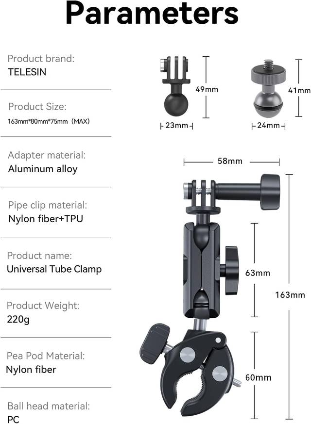 Telesin Universal Handlebar Mount Tube Clamp