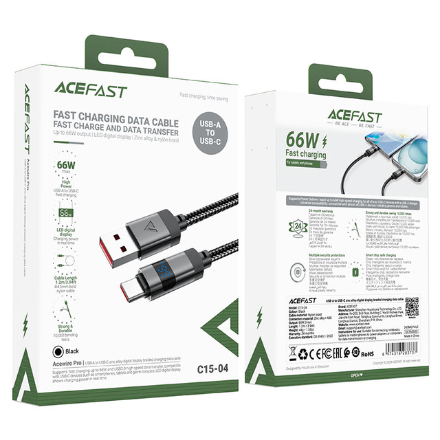 ACEFAST 66W C15-04 USB-A to USB-C Charging Cable with Digital Display
