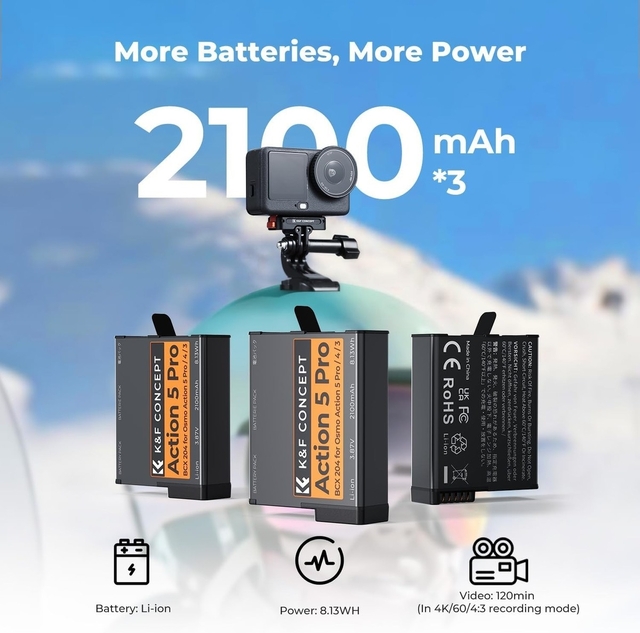 DJI Osmo Action 5 Pro/4/3/360 3 Pack Batteries Kit by K&F Concept