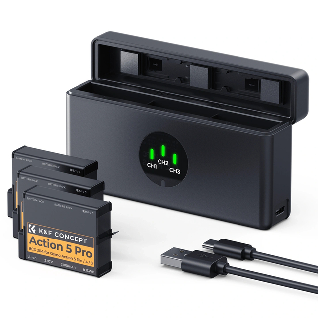DJI Action 6/5 Pro/4/3 & 360 Battery Charger Case Kit with 3×2100mAh Batteries by K&F Concept