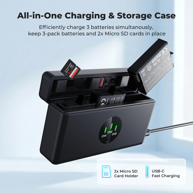 DJI Action 6/5 Pro/4/3 & 360 Battery Charger Case Kit with 3×2100mAh Batteries by K&F Concept