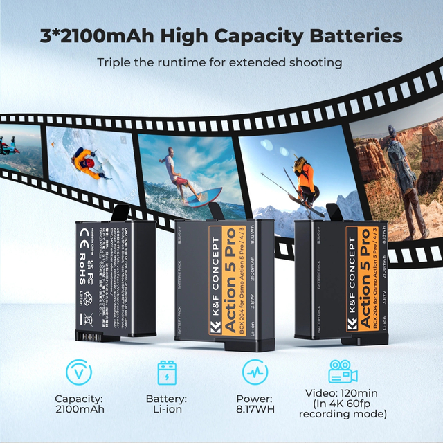 DJI Action 6/5 Pro/4/3 & 360 Battery Charger Case Kit with 3×2100mAh Batteries by K&F Concept
