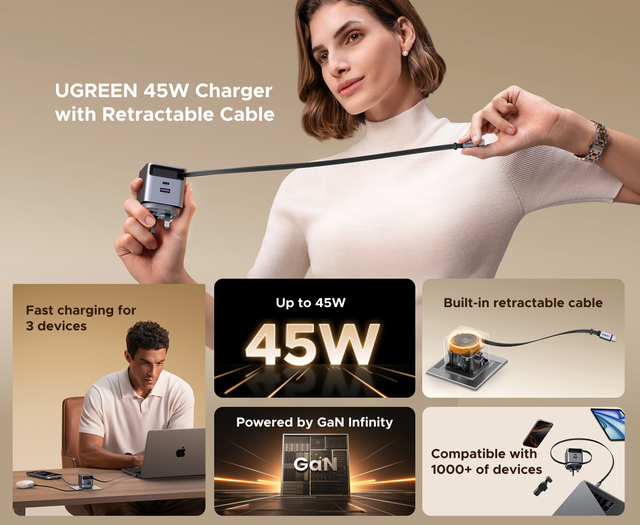 UGREEN Nexode 45W Charger with Retractable USB-C Cable